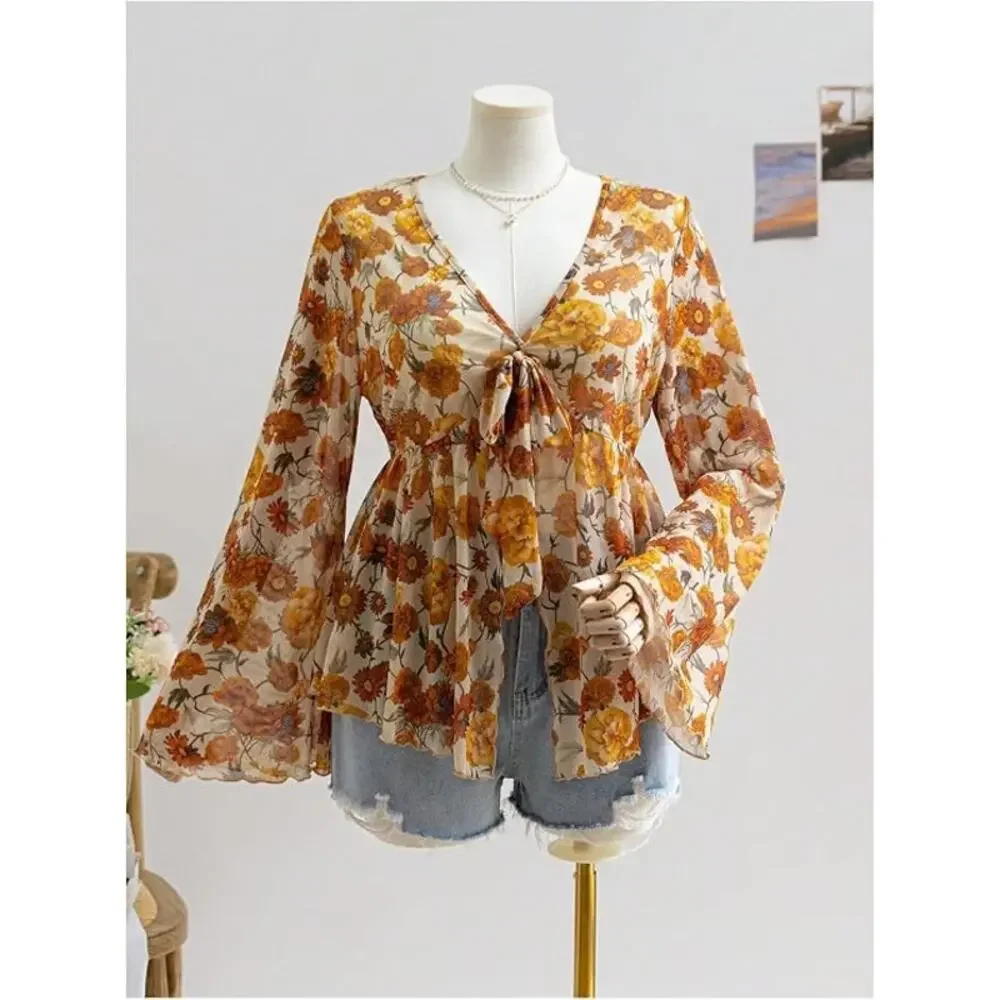 Floral Print V Neck Long Sleeve Bow Tie Front Sheer Blouse Top